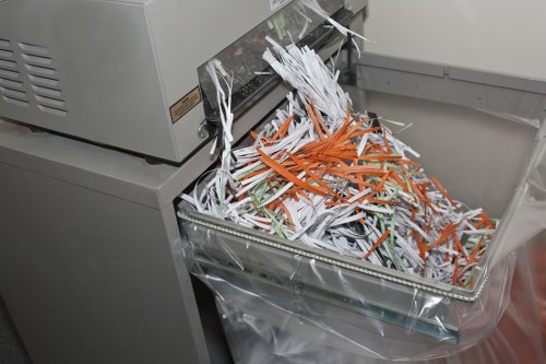 A close-up image of a paper shredder's collection bin filled with a large pile of shredded paper, including white, orange, and green paper strips, situated underneath the shredder unit in an indoor office or commercial environment. The shredder appears to be a high-capacity model with a metallic finish, and the shredded paper is spilling slightly over the edge of the bin, indicating it is nearly full. The background shows part of the shredder machine and a light-coloured wall, with a plastic liner lining the bin to contain the shredded material. This scene relates to rubbish collection and removal services offered by Commercial Waste Highgate in the Highgate area, emphasizing document and paper waste management, essential for business or office clean-up operations.